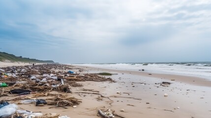 Fototapeta na wymiar Beach Overwhelmed by Garbage and Plastic Waste. Generative AI