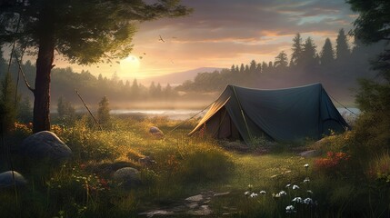 Dawn in the Wild: Camping at Sunrise. Generative AI