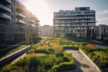 Fototapeta na wymiar Environmental Residential City District With Green Terraces Of Flats At Sunlight, Made Using Generative Ai