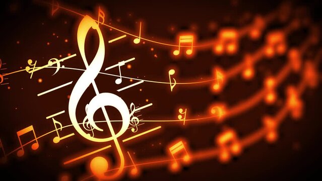Music Notes waves  with Motion Blur and Light particles. Seamless loop in Orange Musical Background.