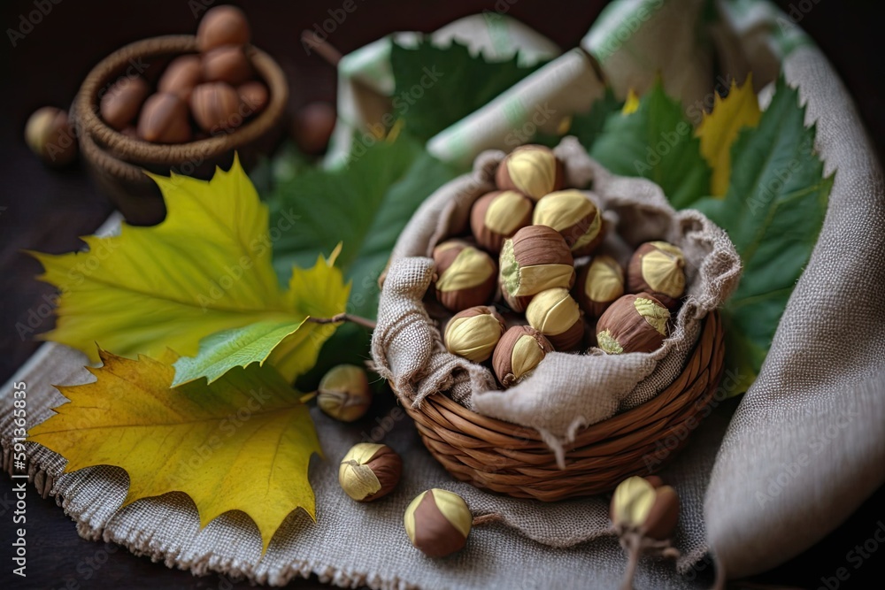 Poster wooden basket filled with assorted nuts on a rustic table. generative ai