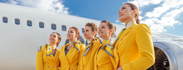 Joyful stewardesses standing near aircraft at airport