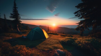 Fototapeta na wymiar Dawn in the Wild: Camping at Sunrise. Generative AI