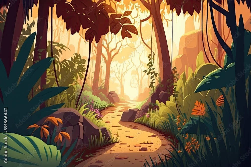 Poster serene forest path surrounded by tall trees. generative ai