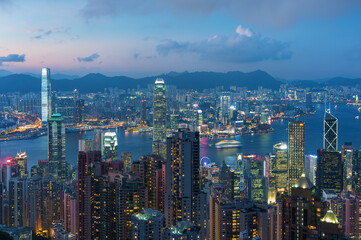 Victoria harbor of Hong Kong City at dusk