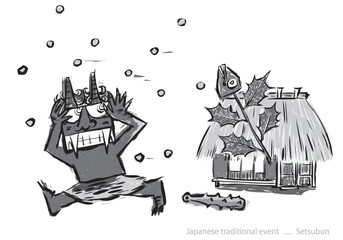 日本の伝統行事節分の様子、豆まきと逃げる鬼の白黒イラスト