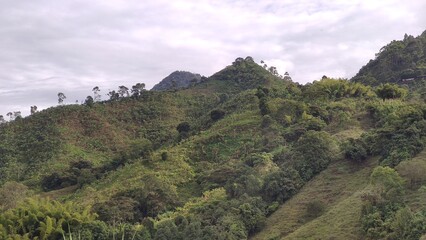 Green landscape with clouds in the Andes Mountains, Jericó (Jerico), Antioquia, Colombia.
