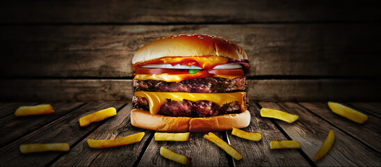 Burger and fries on a wood table top with wooden background