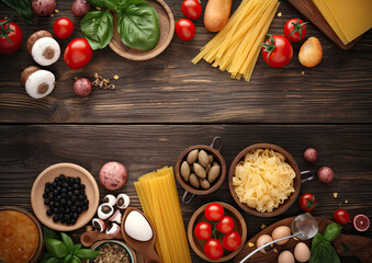 Colourful Italian food ingredients and snacks on wooden background with copy space - Generative AI Illustration