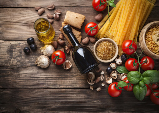 Colourful Italian food ingredients and snacks on wooden background with copy spaceGenerative AI Illustration