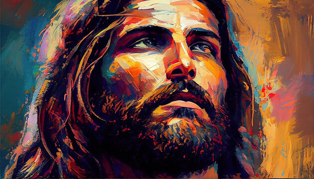 Artistic Colorful Painting Art of Jesus Face He is Risen Generative AI