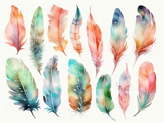 watercolor feathers. set of watercolor colorful feathers. generative ai