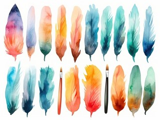 watercolor feathers. set of watercolor colorful feathers. generative ai