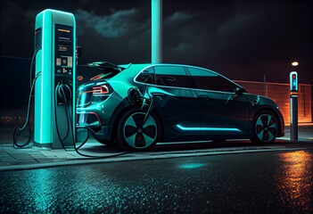 Fototapeta na wymiar electric charging car. EV charging station for electric car in concept of green energy. EV electric car pluged charging at a recharge station. generative ai