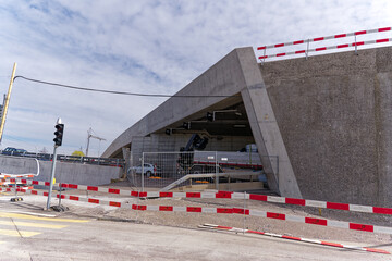 Highway enclosure construction site at City of Zürich district Schwamendingen with formwork and...