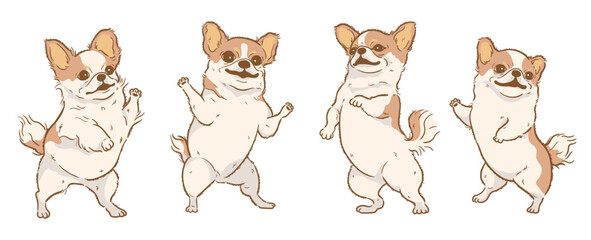 Fototapeta premium Happy Cartoon long haired chihuahua dog dancing pose set 