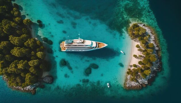 Top view on luxury yacht in paradise turquoise ocean water. Generative AI
