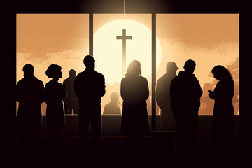 Illustration of Christian people praying in the church with cross