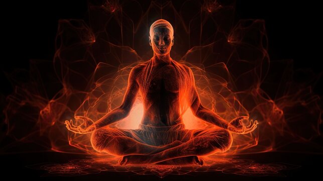 Human meditate in lotus pose with red energy flow through his body. Transcendental yoga or prayer. Generative AI