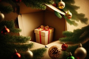 Fototapeta na wymiar festive Christmas tree with a wrapped gift box underneath. Generative AI