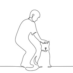man petting a sitting dog on the head - one line drawing vector. concept dog lover, petting a dog