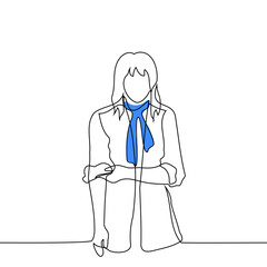 woman in a raincoat and a blue scarf rolls up her sleeves - one line drawing vector. concept of women's fashion and style, roll up sleeves