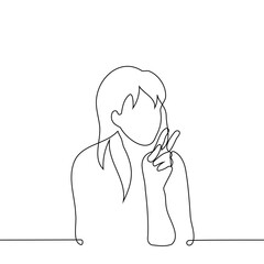 woman sitting showing two fingers, peace gesture - one line drawing vector. peace gesture concept