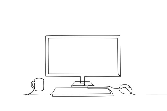 desktop with monitor, keyboard, mouse and mug - one line drawing vector. workplace concept