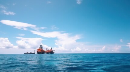 Obraz premium Oil rig in the sea on a sunny day with blue sky. Offshore oil drilling. Generative AI