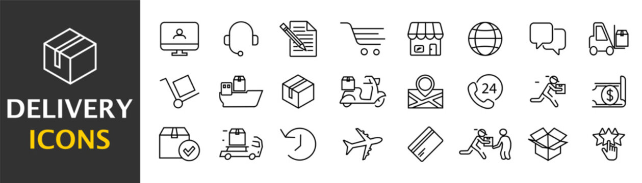Online shopping and delivery. Collection of simple black symbols in silhouette. Vector illustration. EPS 10