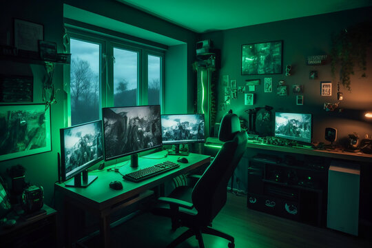 Gamers Room With Hardware And Equipment Colored In Green, Made Using Generative Ai