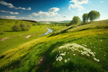 Stunning Spring Landscape of a Meadow with Sharp Focus on Blooming Flowers.
