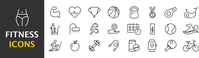 Collection of fitness, sport icons. Simple black symbols. Vector illustration. EPS 10