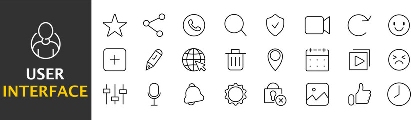 Set of outline icons about users, internet personality, user interface. Simple symbols with black color contour. Vector illustration. EPS 10