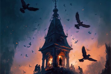 Fototapeta na wymiar Group ringing bell on tower with birds flying at dusk. Fantasy concept , Illustration painting. Generative AI