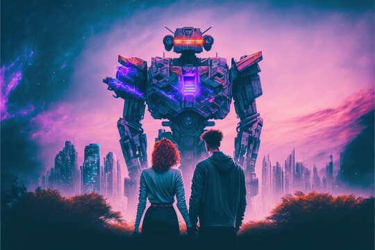 Science fiction scene depicting couple aiming firearms at colossal robot in destroyed city. Fantasy concept , Illustration painting. Generative AI