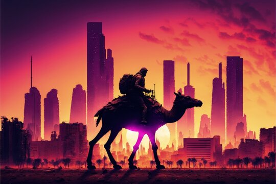 SF landscape with man on futuristic camel in post-apocalyptic city at sundown. Fantasy concept , Illustration painting. Generative AI