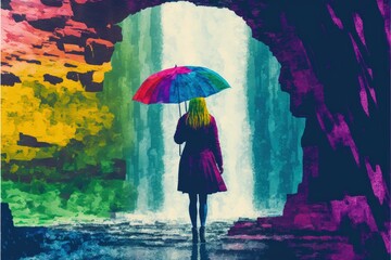 Woman holding umbrella in front of waterfall. Fantasy concept , Illustration painting. Generative AI
