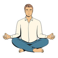 Meditating man in shirt and trousers. Handsome young man in the lotus position. Vector illustration isolated on white background