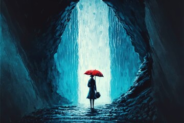 Woman holding umbrella in front of waterfall. Fantasy concept , Illustration painting. Generative AI