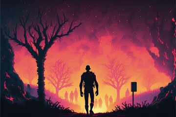 Zombie strolling through charred graveyard with blazing sky. Fantasy concept , Illustration painting. Generative AI