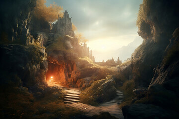 ethereal fantasy mountain landscape with ruins