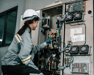Robotic technician control automation works within accepted limits by testing operating voltages and electrical configurations. Robotic factory routine checks and maintenance to follow safety rules.