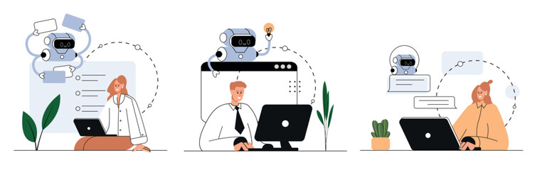 AI technology, smart chat bot set . Machine learning. Artificial intelligence, chatbot self-learning, artificial intelligence regulations. Vector flat isolated  education concept illustration