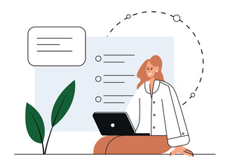 Working at home vector flat style illustration. Online career. Coworking space illustration isolated on background. Young woman freelancers working on laptop or computer at home. Study at home concept