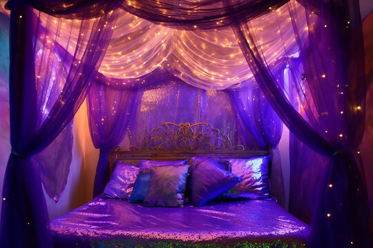 magical bed with canopy in purple color