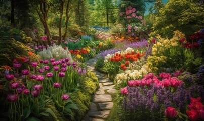  a painting of a garden with flowers and a stone path.  generative ai