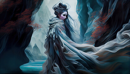 Oil Pianting Portroit Pretty Woman with Flowing Fabric Generative AI