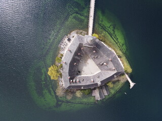 aerial view of the Schloss Ort in Gmunden at lake Traunsee in Upper Austria