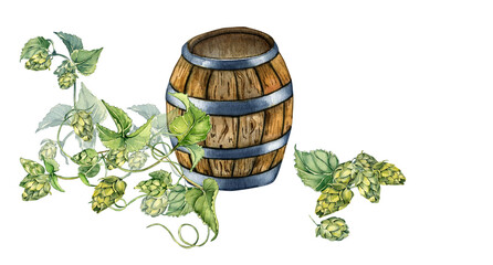 Banner of wooden beer barrel and hop vine watercolor illustration isolated on white background.